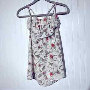 Kull Blouse Top Womens Small White Floral Sleeveless Silky Racerback Ruffles